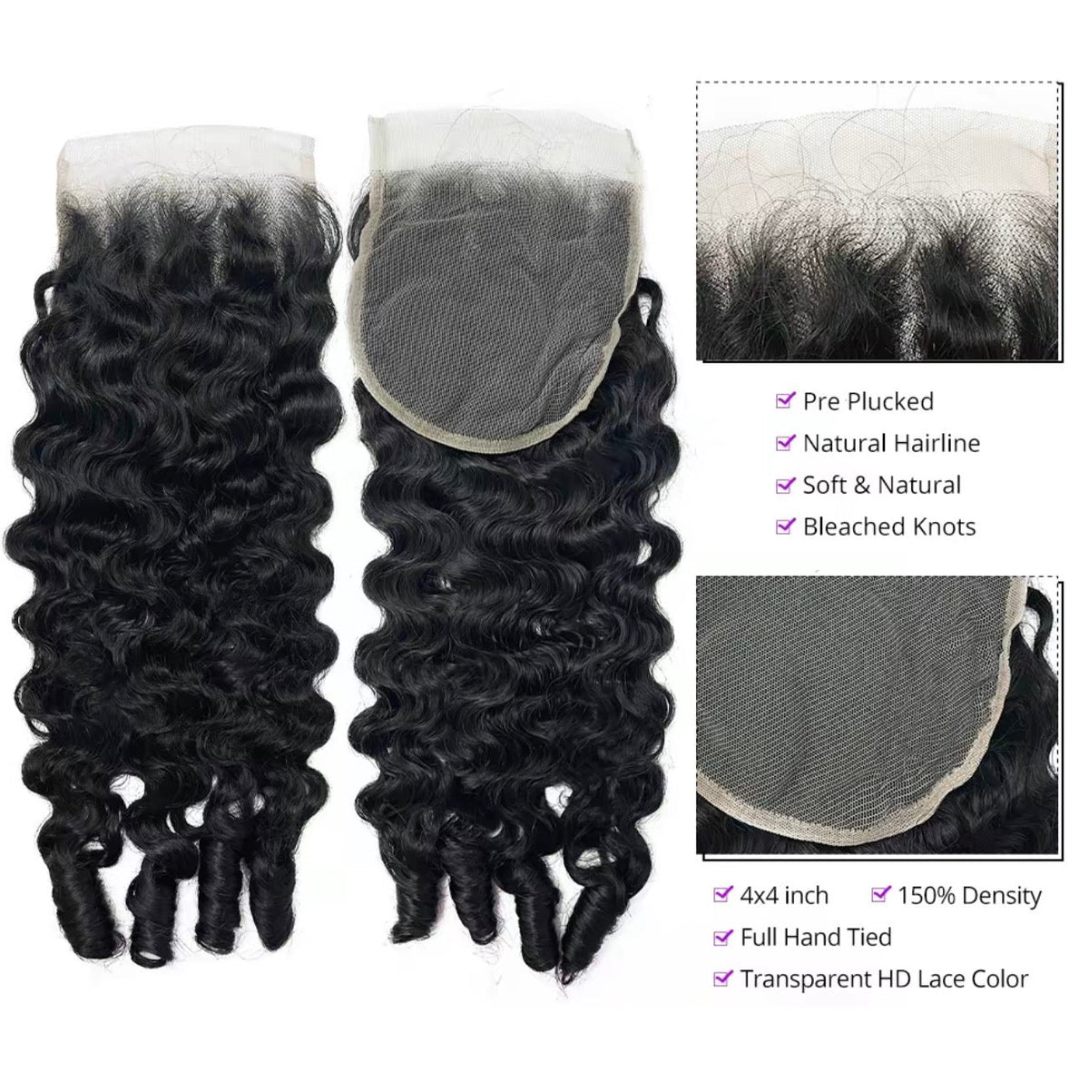 4x4 closure specification: pre plucked, natural hairline, bleached knots, 150 percent density, transparent HD lace